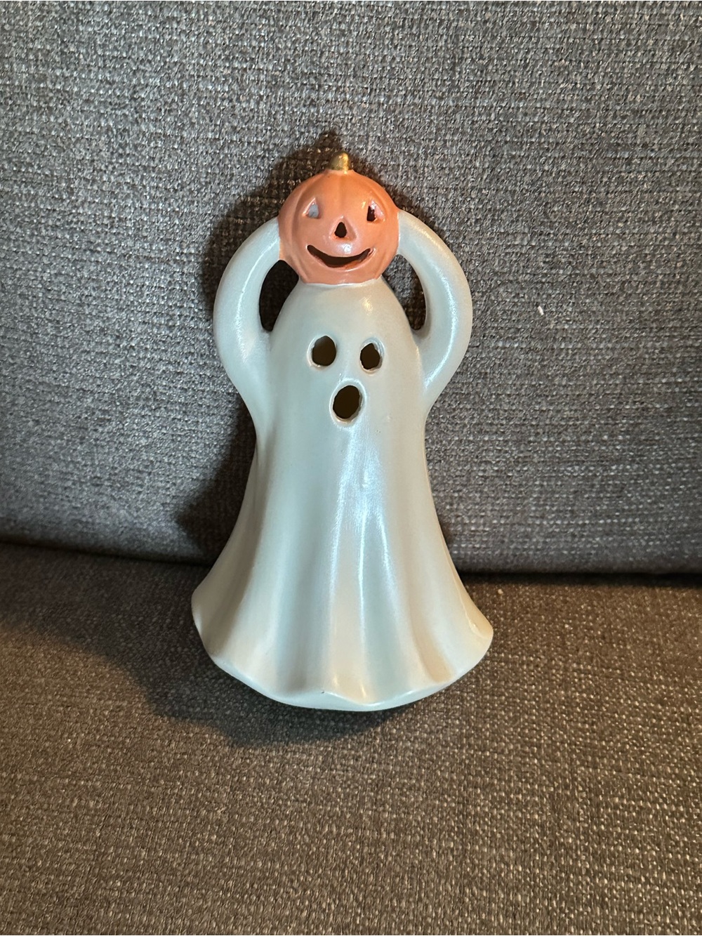 Halloween Ceramic Ghost Figurine with Pumpkin Hat - White and Orange